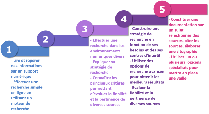 CRCN échelle descriptive de la compétence 1 du Domaine 1 sur les 5 premiers niveaux de maîtrise